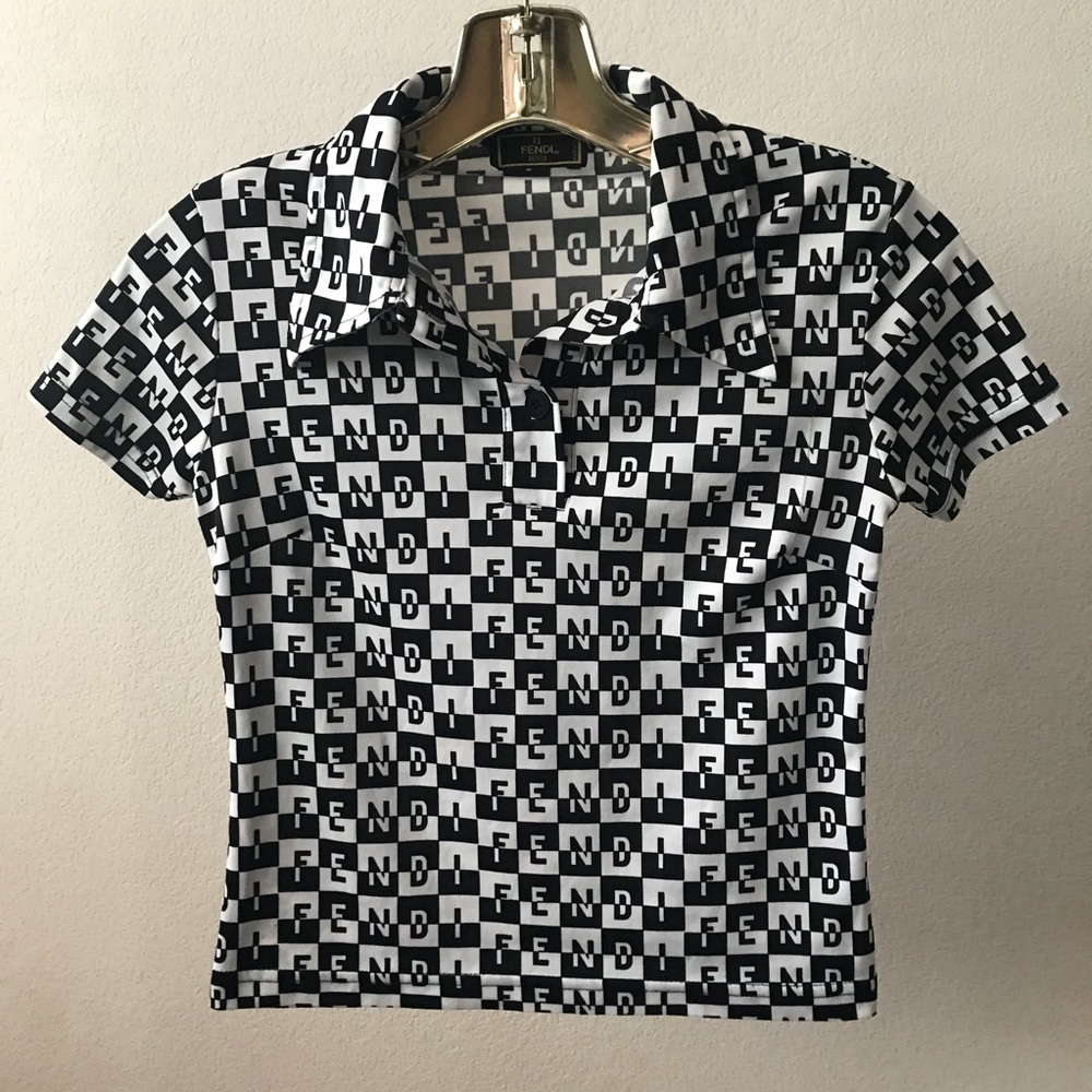 Fendi Black and White Logo Checker Polo Top